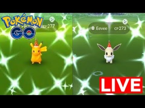 Pokemon Go - Shiny Red Party Hat Pikachu(caught) & Eevee