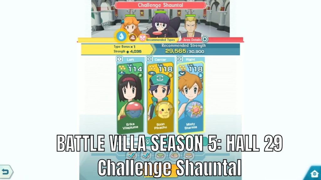 Pokemon Masters - Battle Villa Season 5: Vileplume Pikachu Starmie VS Hall 29 Shauntal
