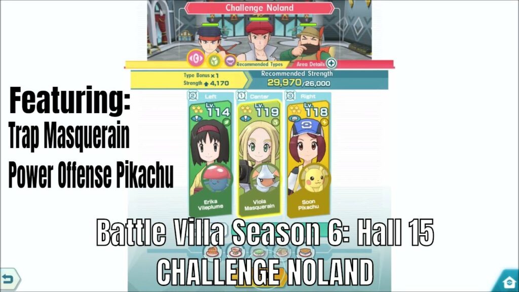Pokemon Masters - Vileplume Masquerain Pikachu VS Hall 15 Noland Battle Villa Season 6