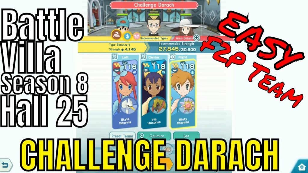 Pokemon Masters - EASY 3vs9 F2P Team Skyla Iris Misty VS Hall 25 Darach (Battle Villa Season 8)