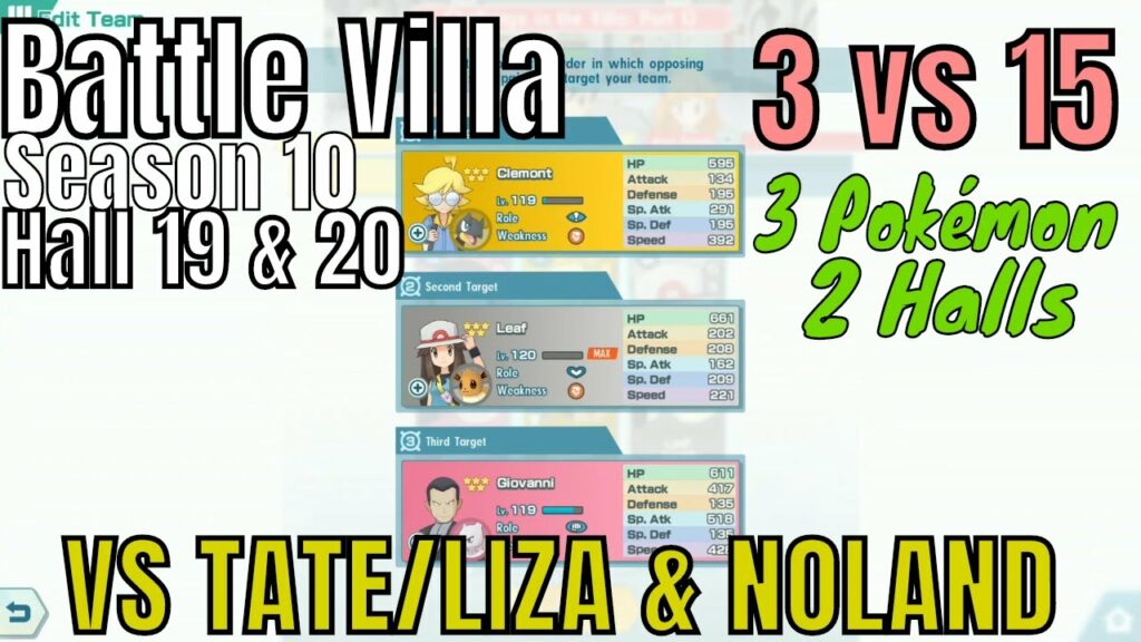 Pokemon Masters - 3v15 Giovanni, Clemont, Leaf VS Tate Liza Noland Hall 19 & 20 (BV Season 10)