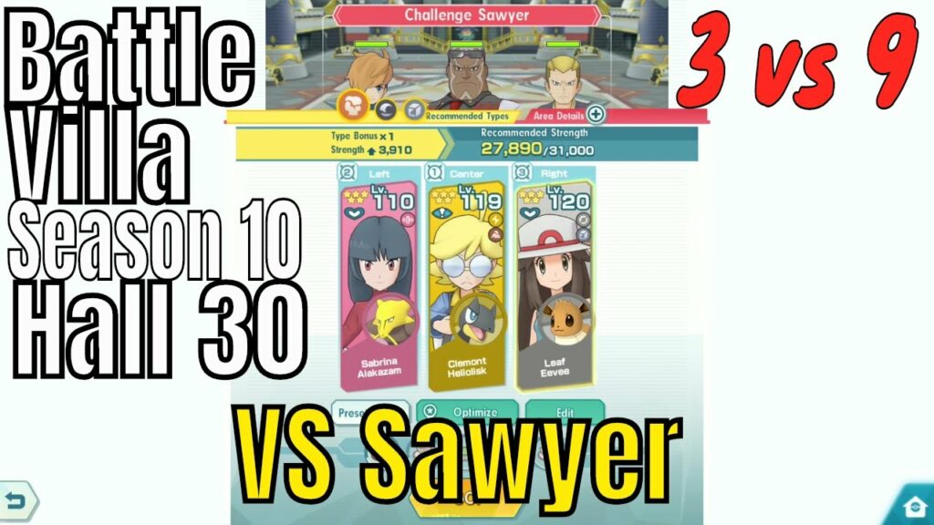 Pokemon Masters - 3v9 Sabrina Clemont Leaf VS Sawyer Hall 30 (Battle Villa Season 10)