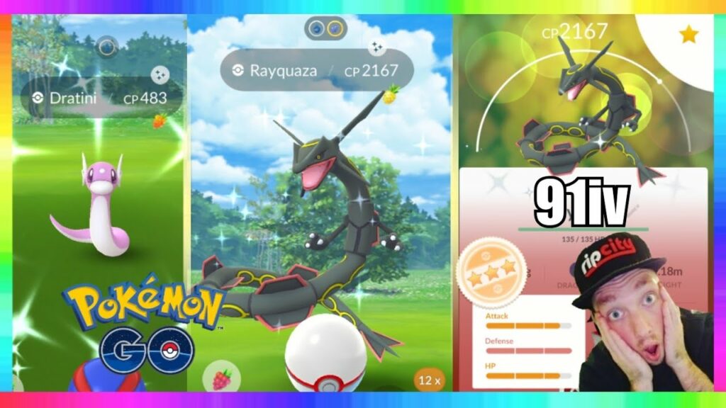 I FINALLY CAUGHT SHINY RAYQUAZA IN POKEMON GO! 91iv Shiny Rayquaza! Shiny Dratini too?