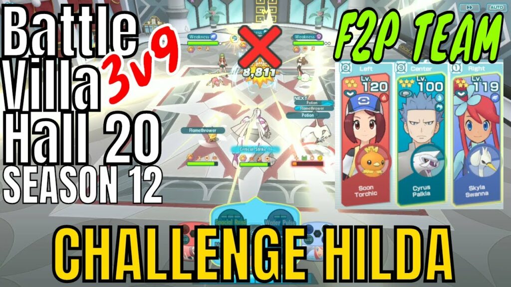 Pokemon Masters - 3v9 F2P Team w Palkia vs Hall 20 Hilda (Battle Villa Season 12)