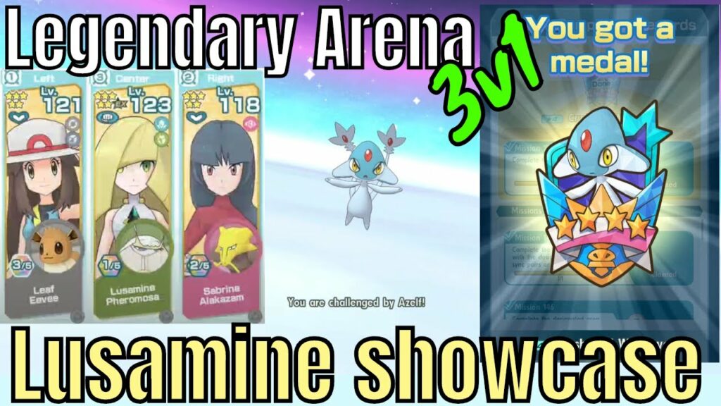 Pokemon Masters - Legendary Arena Striker Lusamine 1/5 min grid VS Azelf 3v1 (Very Hard Part 3)