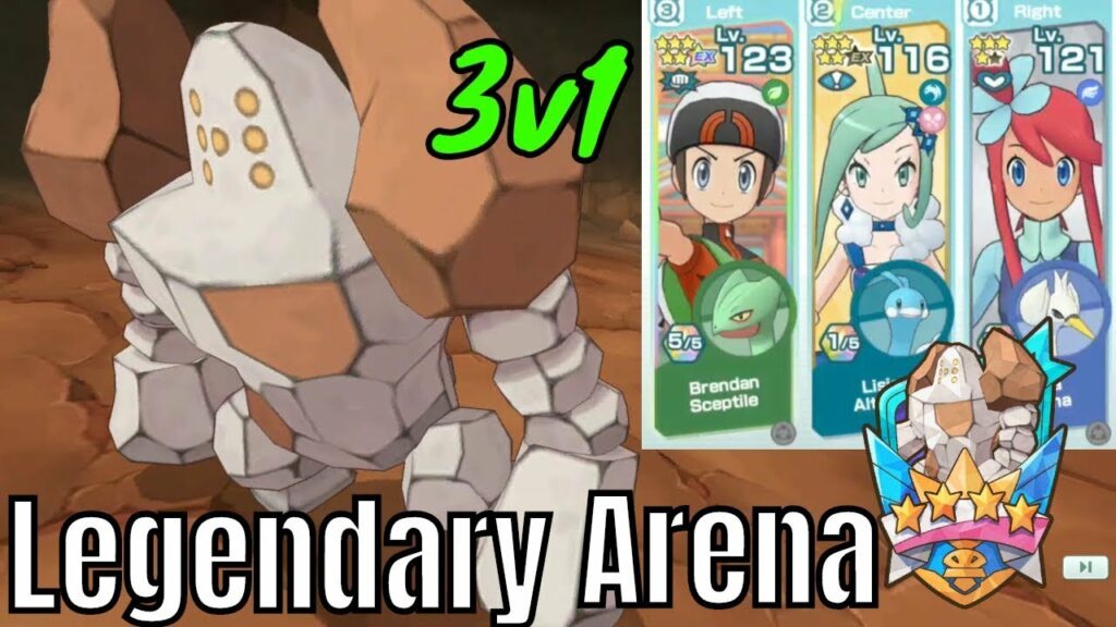 Pokemon Masters EX - Legendary Arena 3v1 Brendan Lisia Skyla VS Regirock - Defog that Shield!!