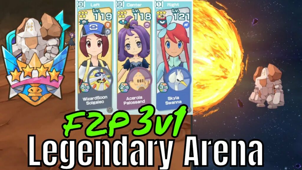 Pokemon Masters EX - Legendary Arena F2P 3v1 Solgaleo Acerola Skyla VS Regirock - Flinch while u can