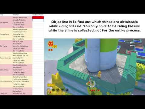 Twitch Streamer Grayfruit has worked on creating a list of Cat Shines able to be collected while on Plessie in Bowser's Fury for a possible Plessie% run. Not a joke, I swear.
