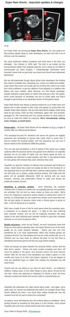 Super Rare Games partially retracts their plan to sell physical only games on Switch, will also sell the games on itch.io but still won't sell them digitally on Switch