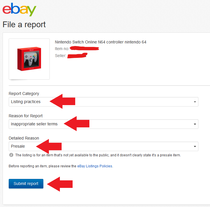 Now that scalpers are listing the Switch N64 controller on eBay, let's review how to properly report their presales and get them delisted