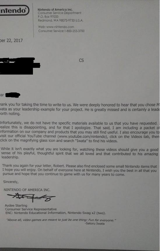 Letter from Nintendo about Helping Me with a Paper about Satoru Iwata's Leadership