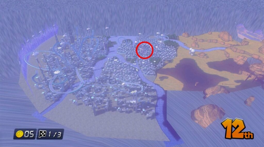Mario Kart 8. The detail in the Mute City track is absolutely nuts. The actual drivable course is circled.