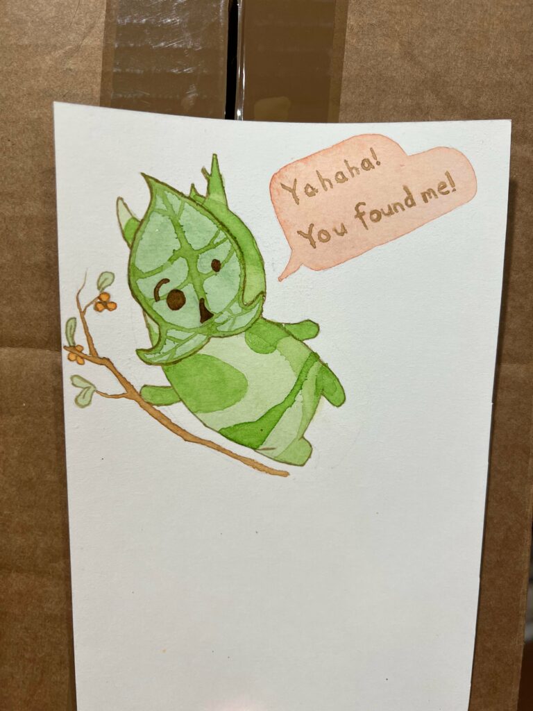 I’m terrible with watercolors, but since I’m gifting someone back home a Switch for Christmas, I thought I’d hide a Korok on the back side of the shipping label…
