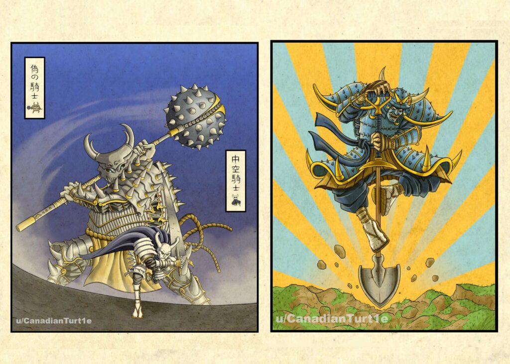 HollowKnight and ShovelKnight. I reimagined two of my favourite retro-inspired platformers in Japanese mythology