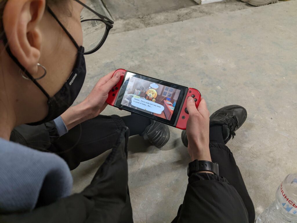 My wife playing Animal Crossing in the bomb shelter during Air Strike alert in Ukraine