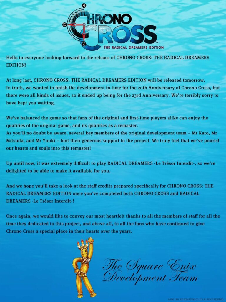 Square Enix development team shares message ahead of tomorrow’s release of Chrono Cross: The Radical Dreamers Edition.