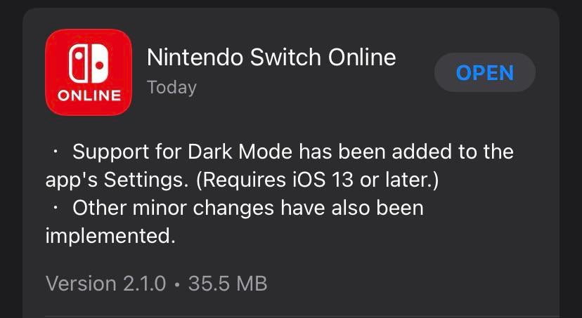 The Nintendo switch online app now supports dark mode!