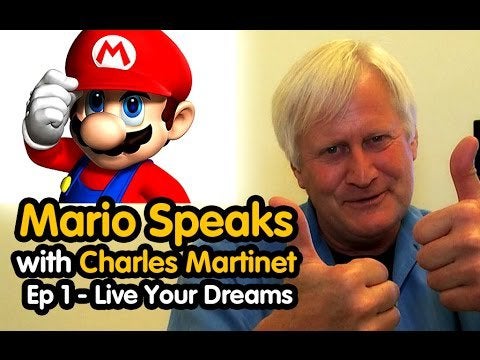 Mario's voice actor -Charles Martinet- giving a presentation at an art school