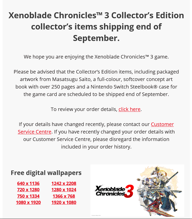 Xenoblade Chronicles 3 CE being shipped by the end of Sep (Australia)