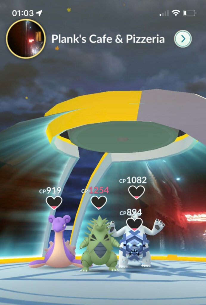 Gym by cafe “Planks” has Pokémon from three trainers: CallPlanksCafe, EatAtPlanks, TryPlanksCafe