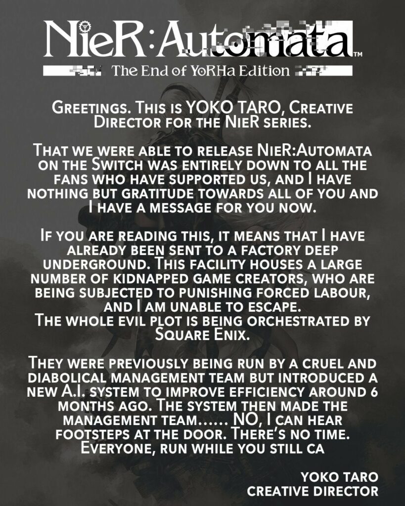 Messages from Yoko Taro and Yosuke Sato commemorating the launch of NieR:Automata The End of YoRHa Edition