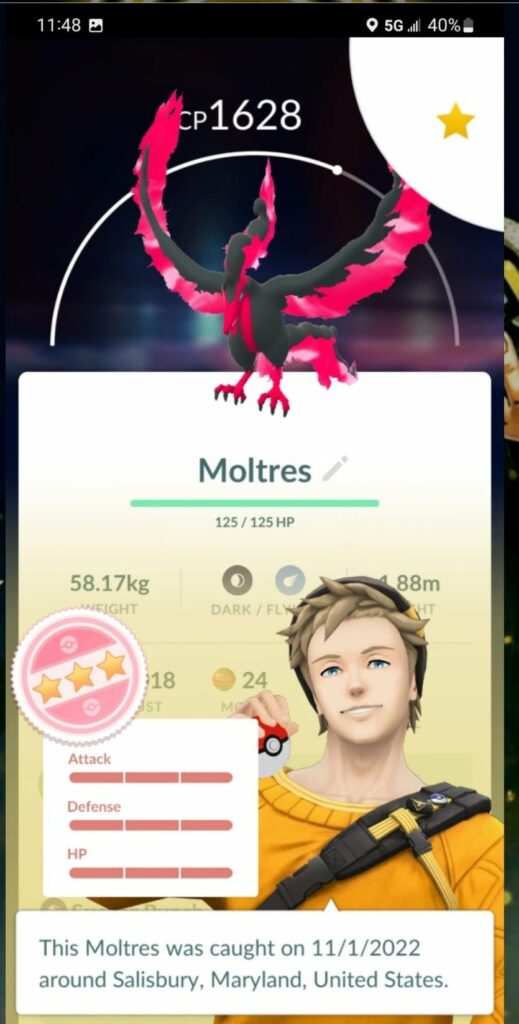Perfect Galarian Moltres caught by my friend's mom