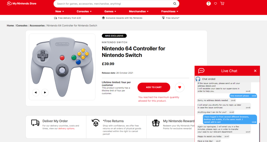 Expansion Pack Membership now required to purchase the Nintendo 64 Controller? Issues with ordering from the Nintendo Store