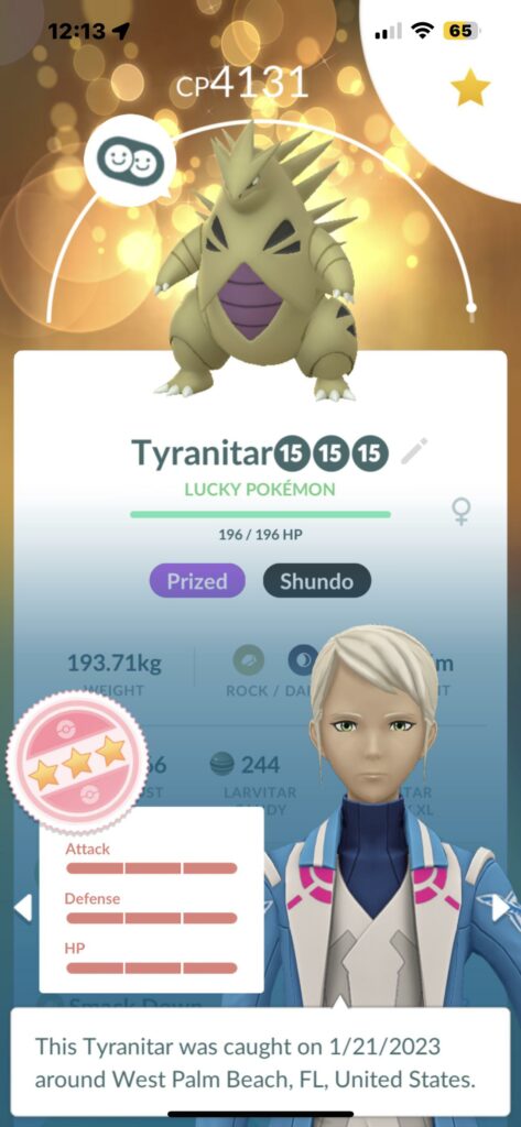 Lucky Shundo! I wasnt really able to play last comm day but my hubby was able to catch only 1 shiny Larvitar and he was nice enough to give it to me and I was so excited when I appraised it 😅 this is actually my 2nd Lucky Shundo now!
