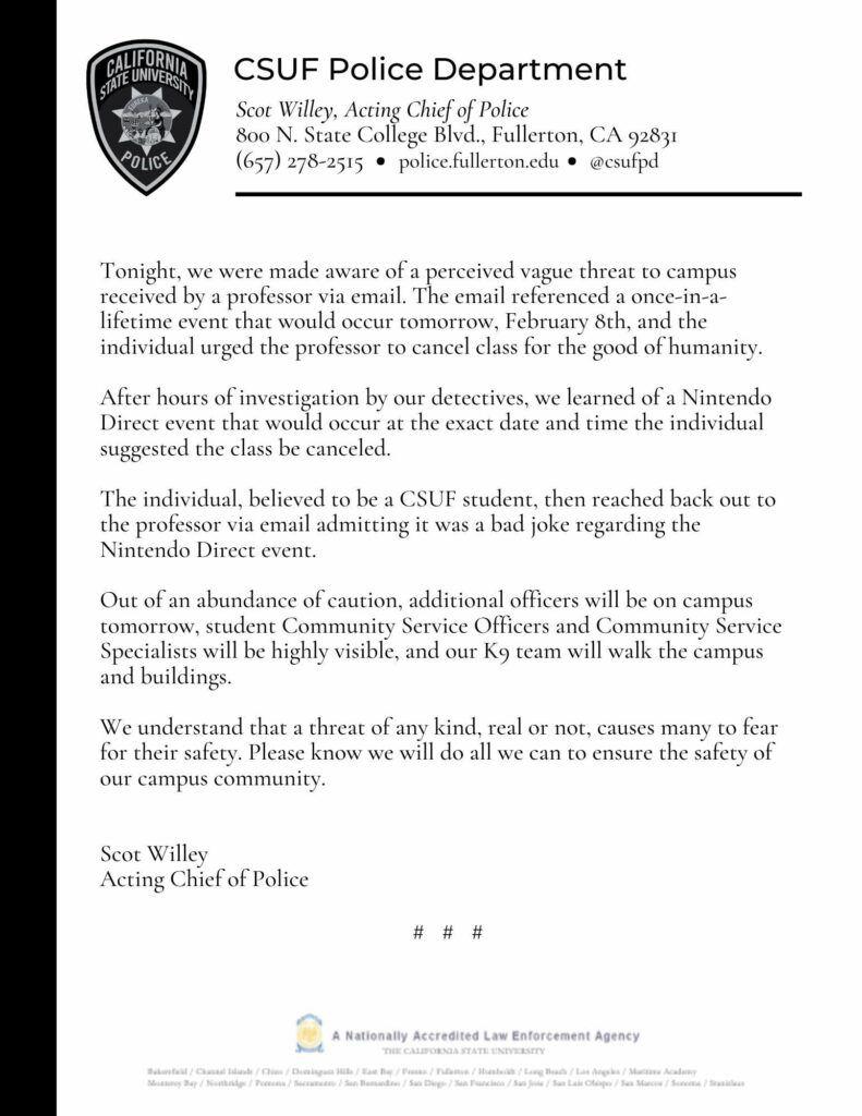 California State University student threatens professor to cancel class due to Nintendo Direct; official police department response