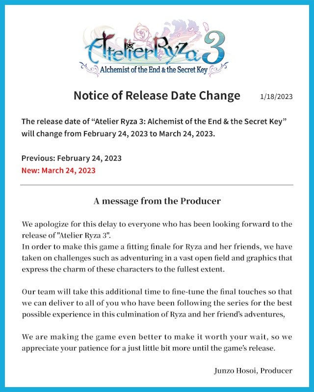Atelier Ryza 3 On Nintendo Switch Official Delayed to March 24th