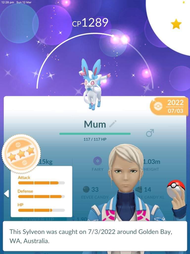 Outdone by my 10yo: he plays sporadically, I help him with walking tasks sometimes. He not only caught a shundo eevie, he evolved it into Sylveon and named it Mum ♥️
