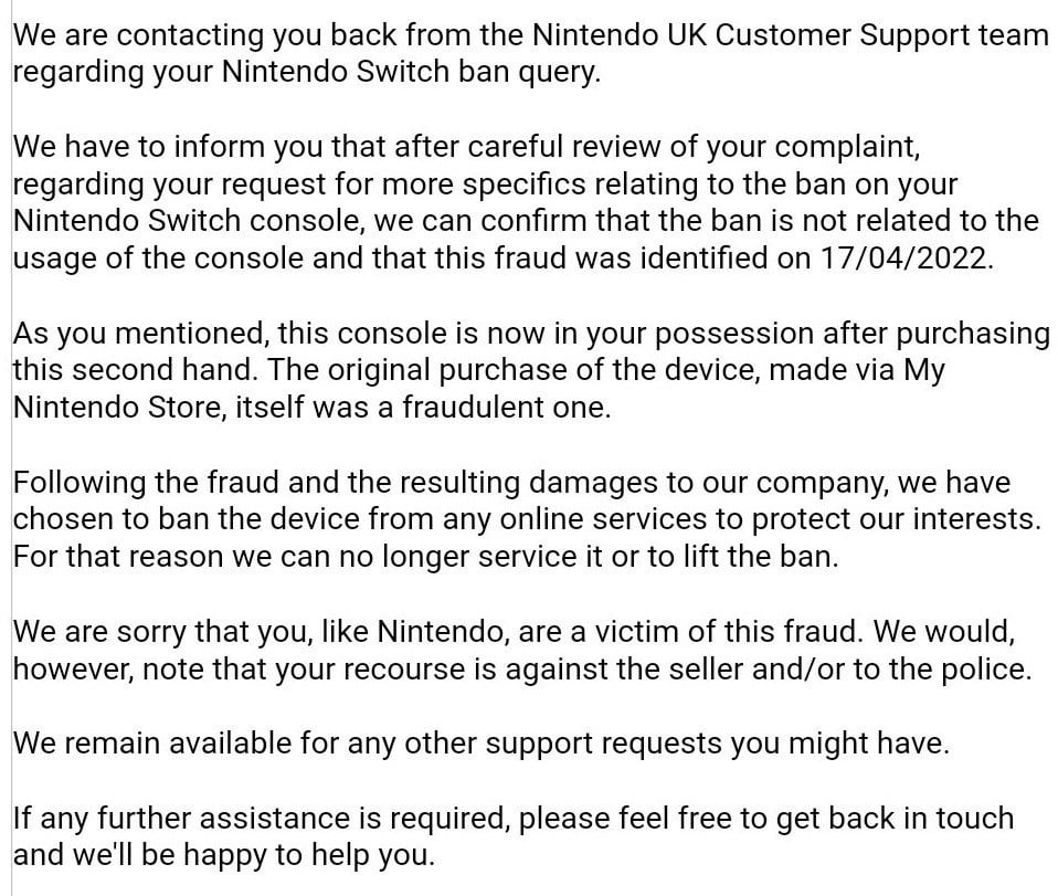 UPDATE: PSA for second hand switch owners: if your switch was involved in fraud BEFORE you bought it Nintendo can and WILL permanently ban it