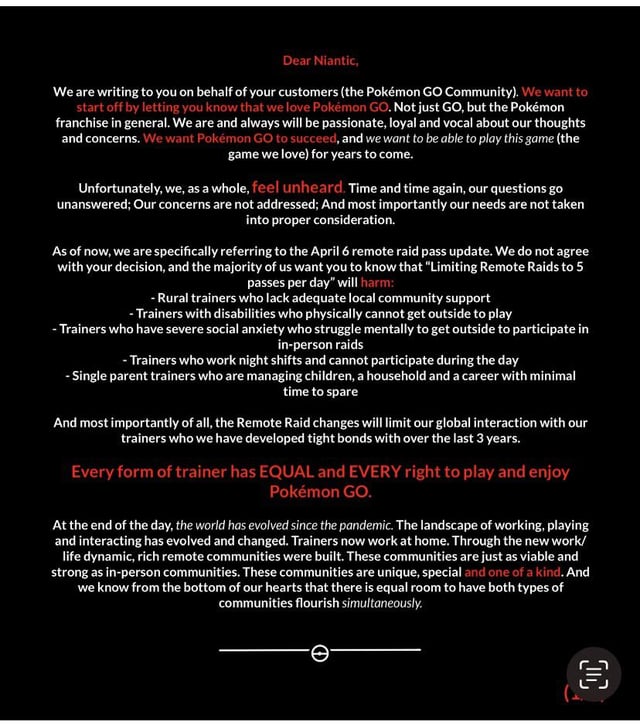 Please share this message using the #HearUsNiantic. Thank you PokeDaxi for the wonderful message.