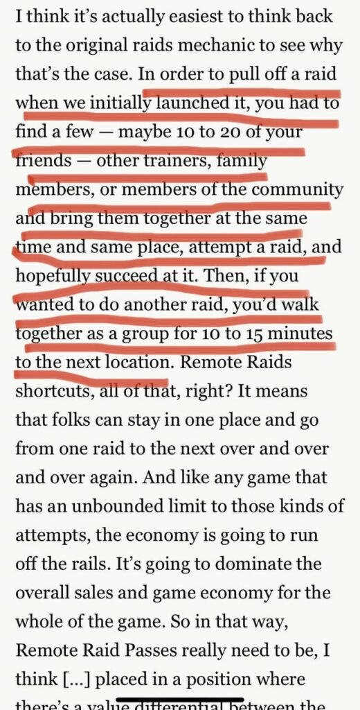 Good God, this interview is so out of touch, living in a fantasy world, it’s laughable. So just have to gather 20 people who know to do one raid and then all walk together to the next location. And then…a Singaporean grandma playing PoGo at the senior center?? Hilarious! 🤣