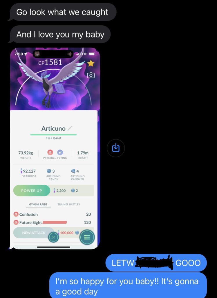 My wife caught Articuno from her daily incense on her way to work ! I was so happy for her ❤️