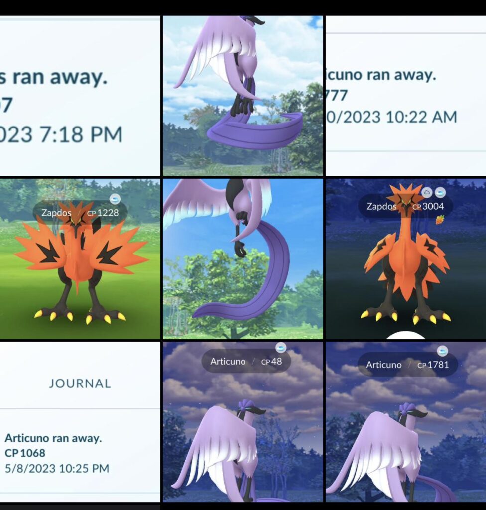 A month’s worth of Zapdos/Articuno encounters using 15 min incense daily at home on my wife’s account and mine. All 9 ran away. We may have even more that I forgot to take pics of. We live in the woods with no stops and barely anything spawns.