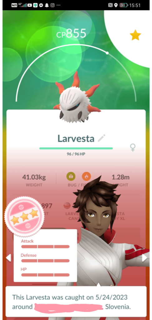 still in disbelief I got a perfect Larvesta after idk how many eggs bc I lost count lmao
