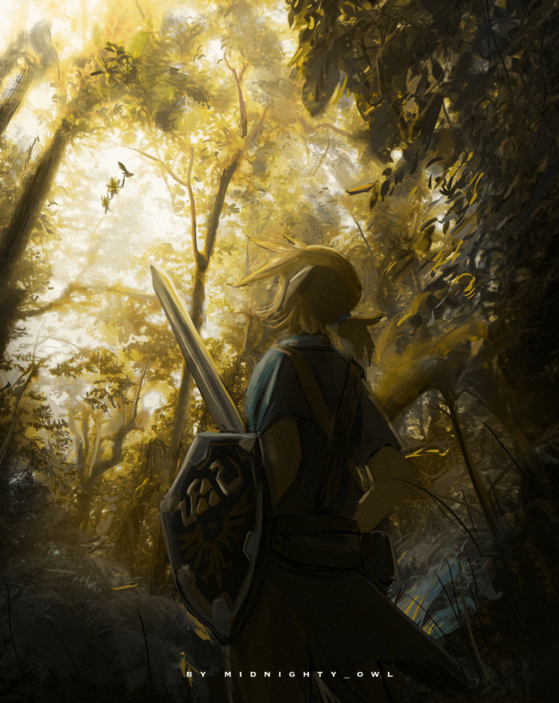 Link in the Korok forest (art by me, @midnighty_owl)