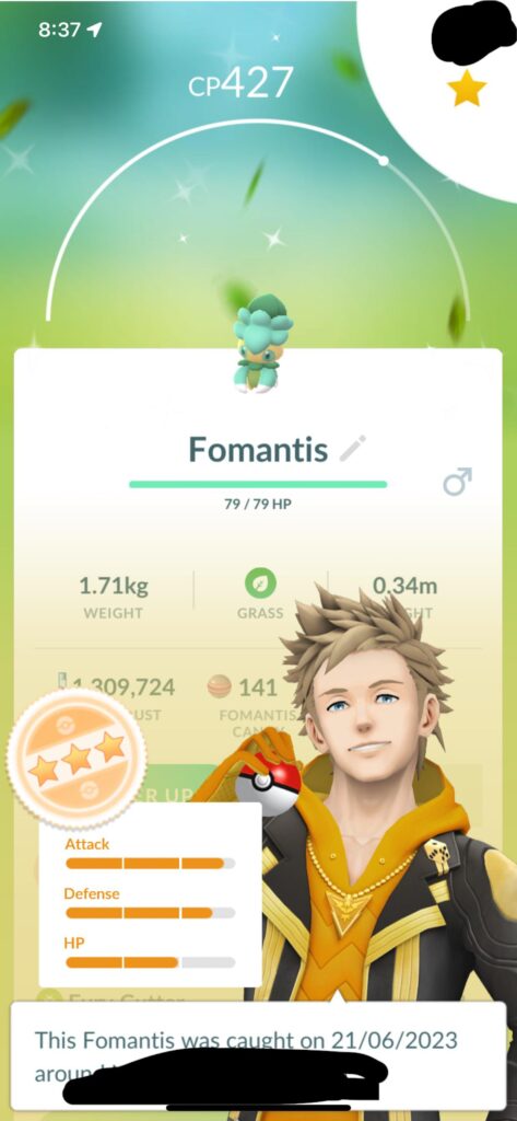 Found a shiny fomantis, feels good to get a fresh shiny Pokémon. Ft. Spark