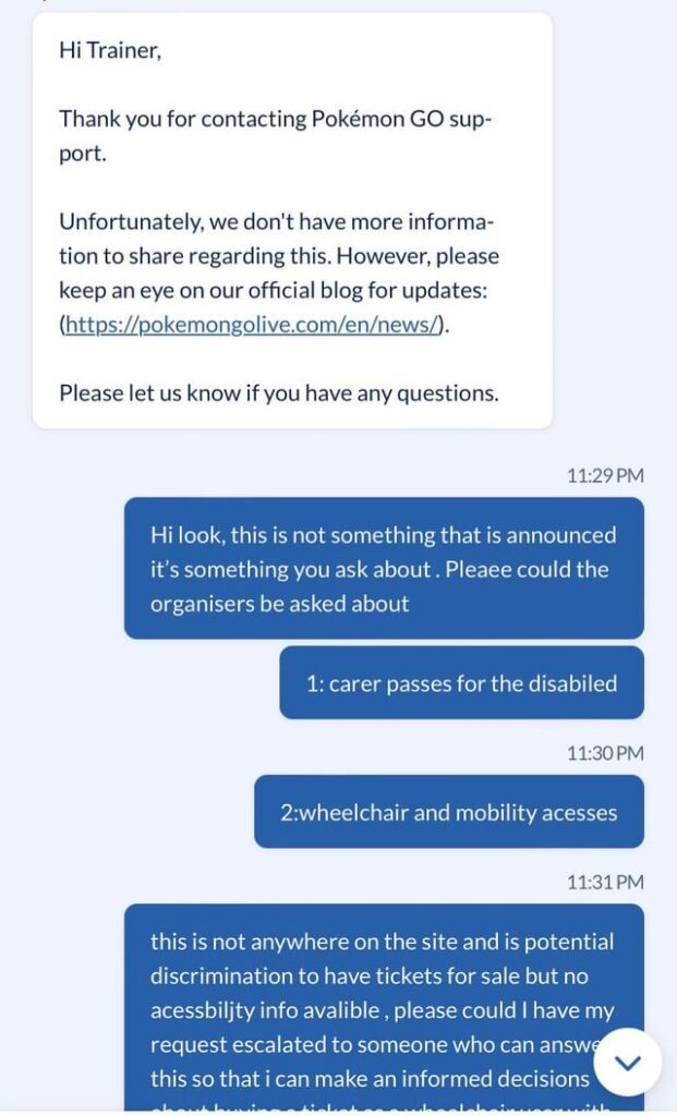Really upset about Pokémon go fest London and disability accessibility