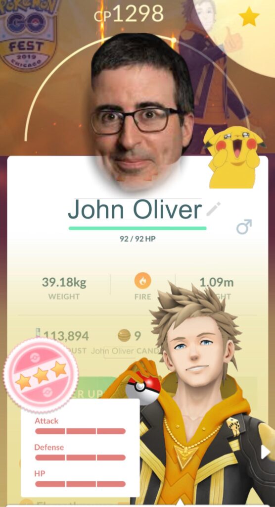 GUYS I CAUGHT A 4 STAR JOHN OLIVER!! SPARK AND PIKACHU APPROVED