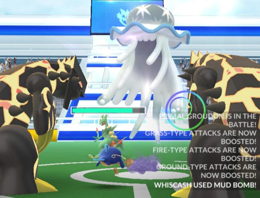 Spark is challenged by "Groudon Master" Whiscash