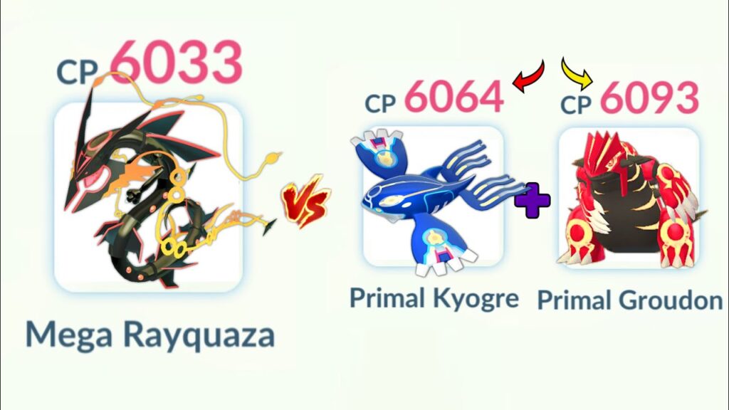 MEGA RAYQUAZA vs PRIMAL GROUDON & PRIMAL KYOGRE in Pokemon GO.