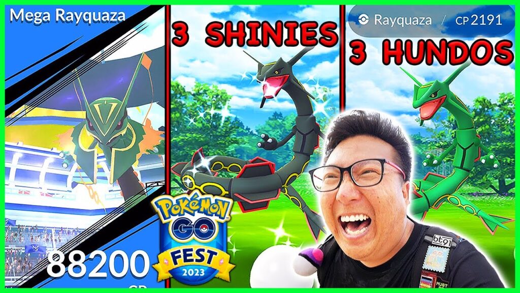 80 Mega Rayquaza Raids with 3 Hundos and 3 Shinies Caught - Pokemon GO Fest 2023