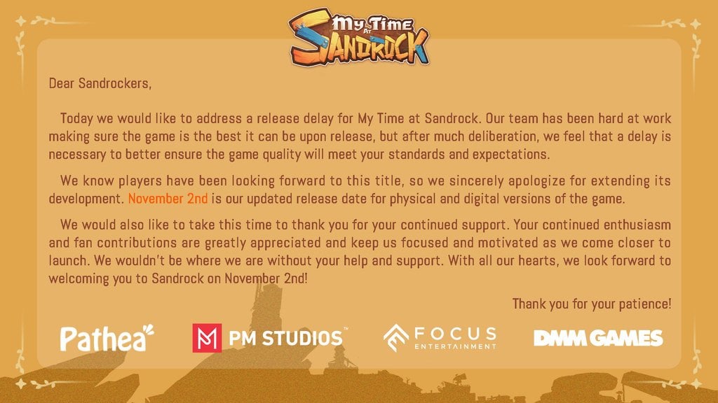 My Time at Sandrock moved to Nov 2nd