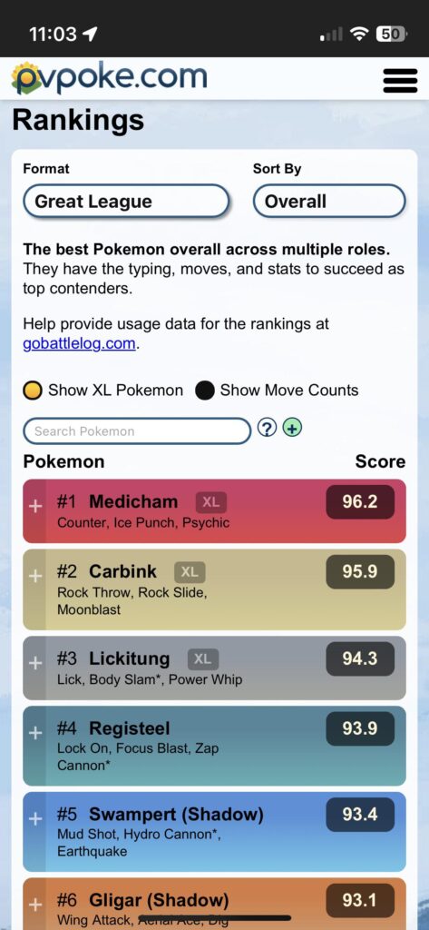 the pvpoke GL rankings got updated