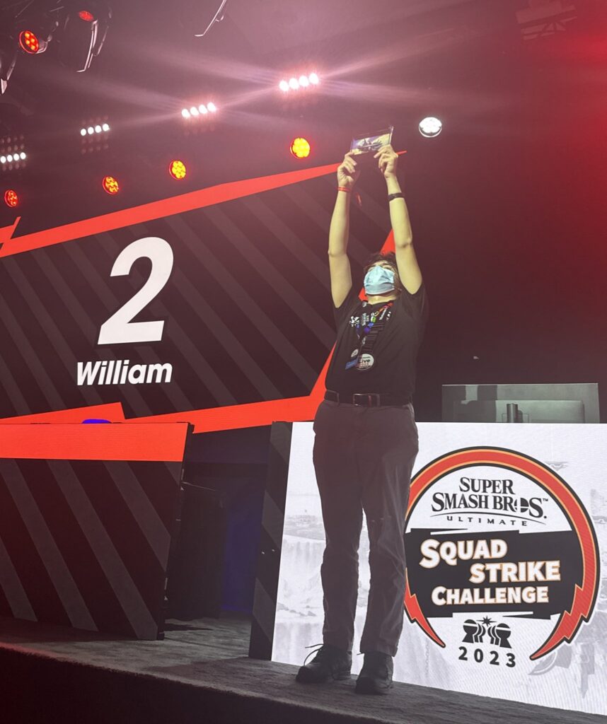 THE CHAMPION! After a surprising random select decision from both players, William is your Super #SmashBrosUltimate Squad Strike Challenge 2023 tournament winner at #NintendoLive! 🏆