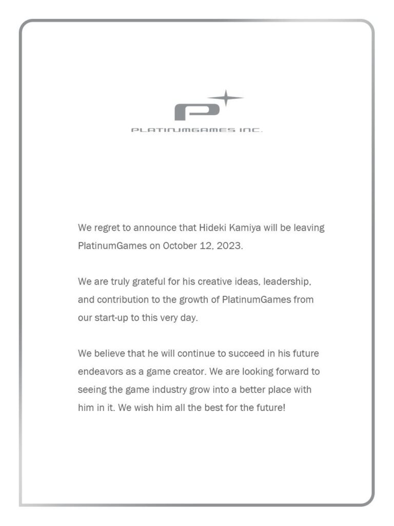 Hideki Kamiya will be leaving PlatinumGames