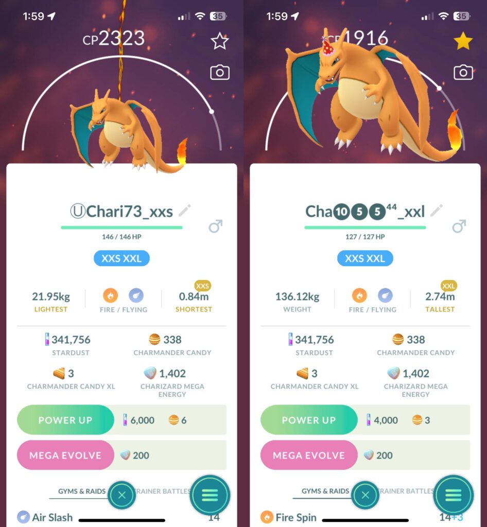 With community day right around the corner, this is the difference between an xxs and xxl charizard