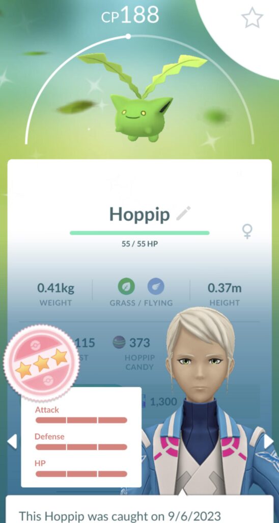 My Pokémon Go Plus+ caught me a shiny Hundo Hoppip!!